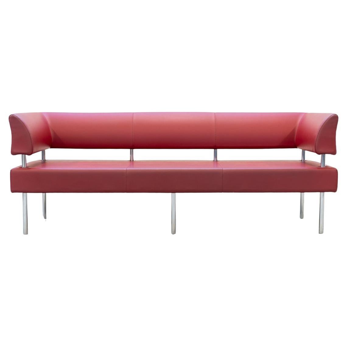 Red leather 3-seater Business Class sofa with chrome iron feet, 1990s For Sale