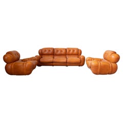 Vintage cognac-colored leather 3-seater sofa and 2 armchairs, early 1980s