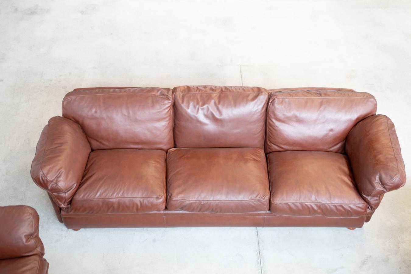 Late 20th Century Frau leather 3-seater sofa and two armchairs, 1980-1990 For Sale