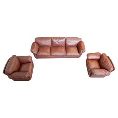 Frau leather 3-seater sofa and two armchairs, 1980-1990