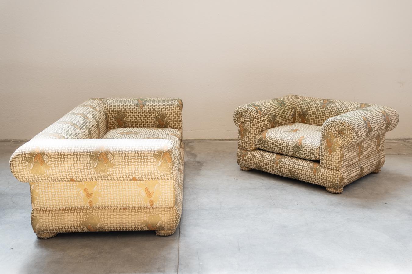 Silk 3-seater sofa and armchair, Tommaso Barbi, 1970s For Sale 10