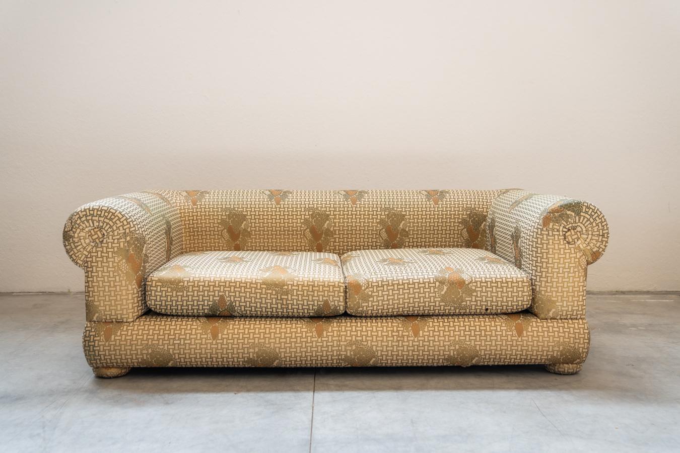 Silk 3-seater sofa and armchair, Tommaso Barbi, 1970s
Elegant, very sturdy. Only a few slight tears on the base, burns, and slight stains on the fabric.
DESIGN PERIOD            1970s
PRODUCTION YEAR           1970s
COUNTRY OF PRODUCTION           