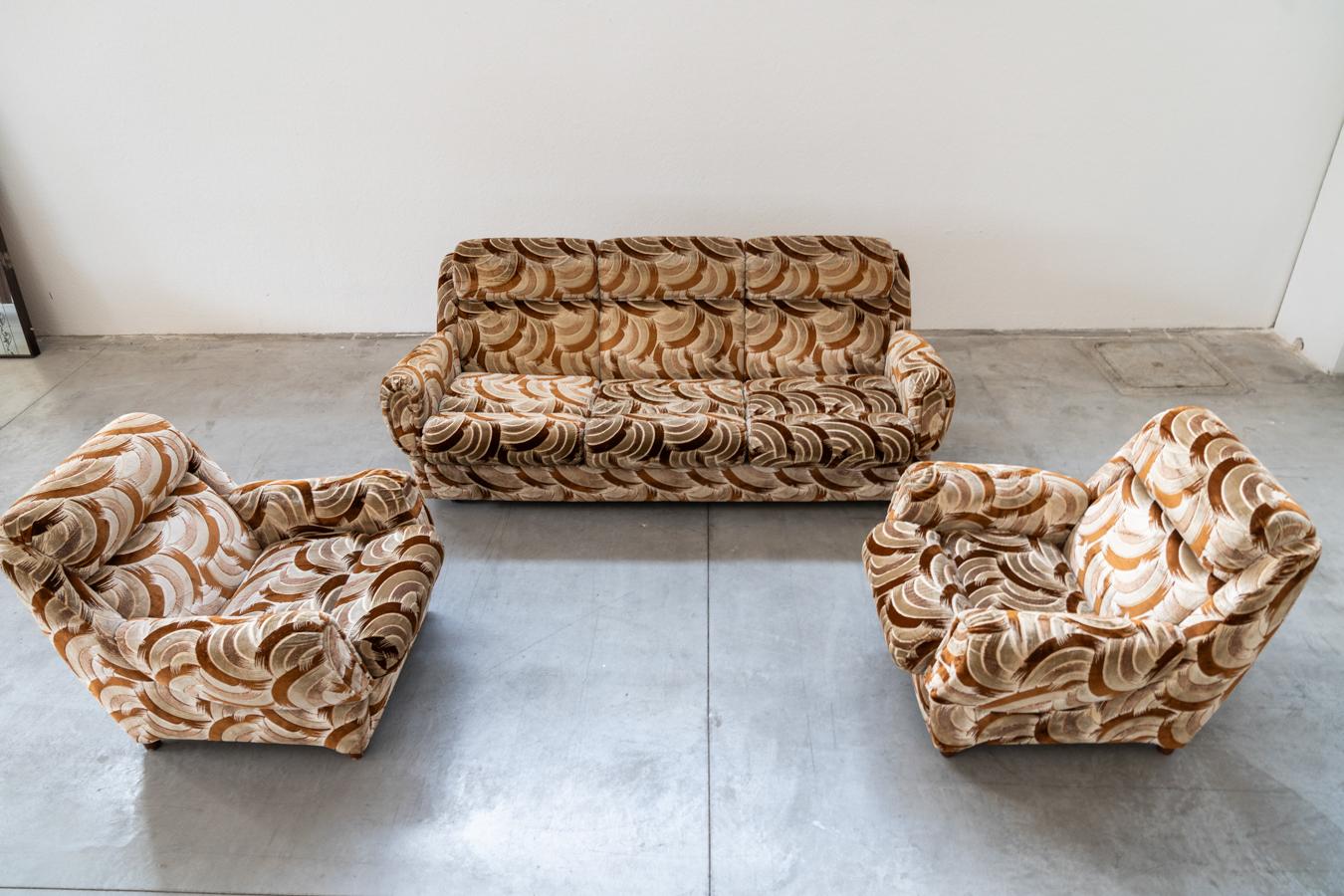 Sofá cama individual de 3 plazas con 2 sillones, años 70 Chenille en venta
