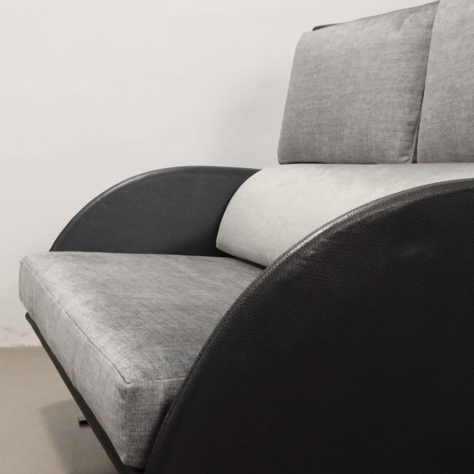 Late 20th Century Two-seater leatherette and gray velvet sofa 1980s For Sale