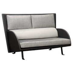 Two-seater leatherette and gray velvet sofa 1980s