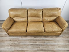1970s three-seater camel-colored leather sofa