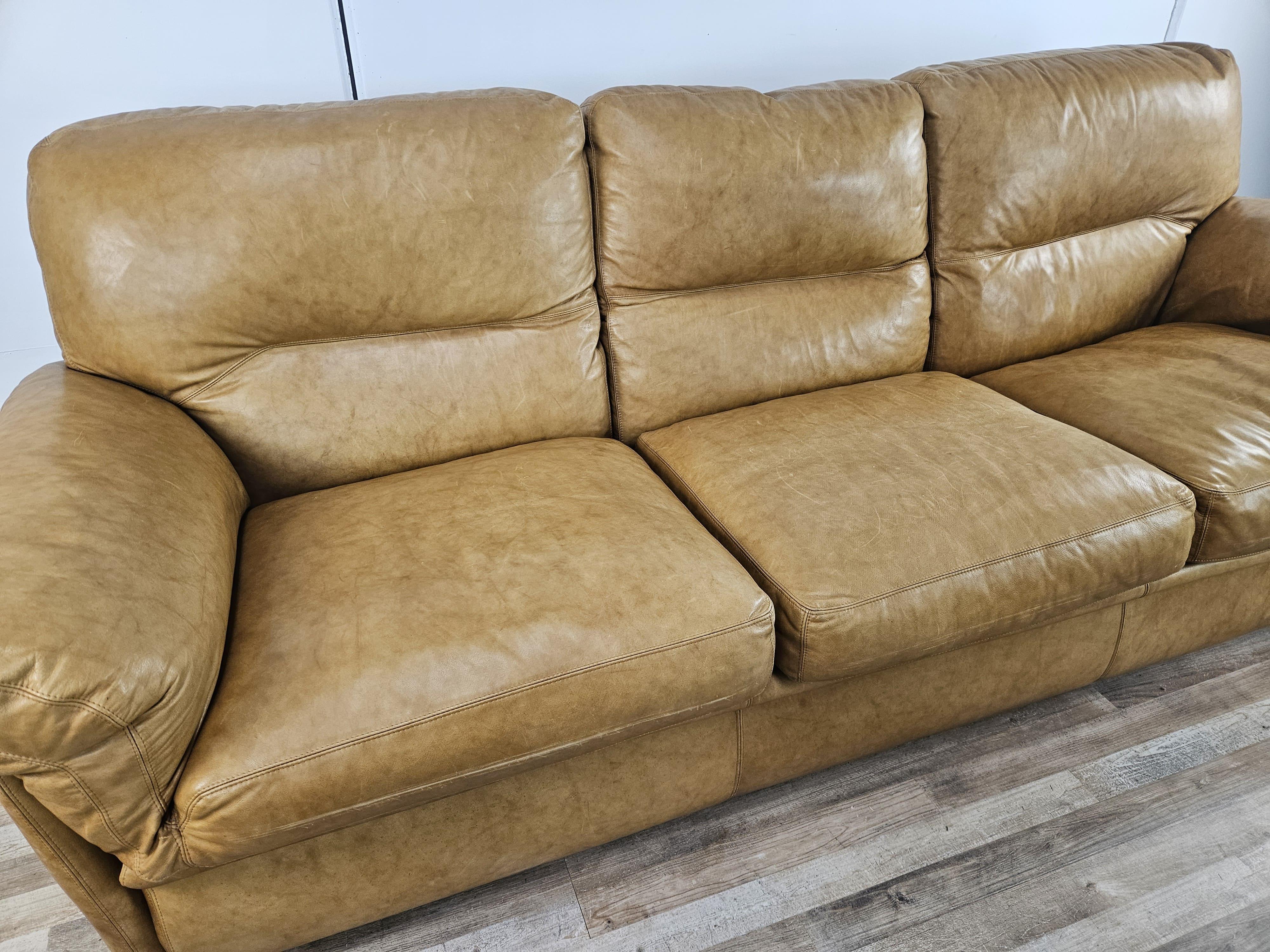 Mid-Century Modern 1970s three-seater camel-colored leather sofa