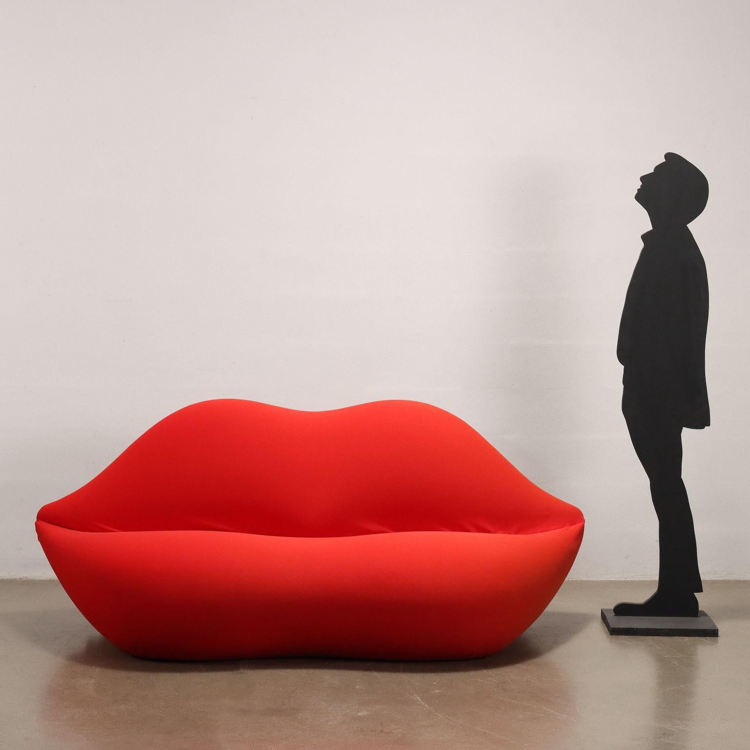 Iconic 'Bocca' model sofa designed by Studio 65 and produced by Gufram in the 1970s. Made as a tribute to Dali, specifically idea taken from Mae West's face. Padded with polyurethane foam and upholstered in red stretch fabric, the sofa is in good