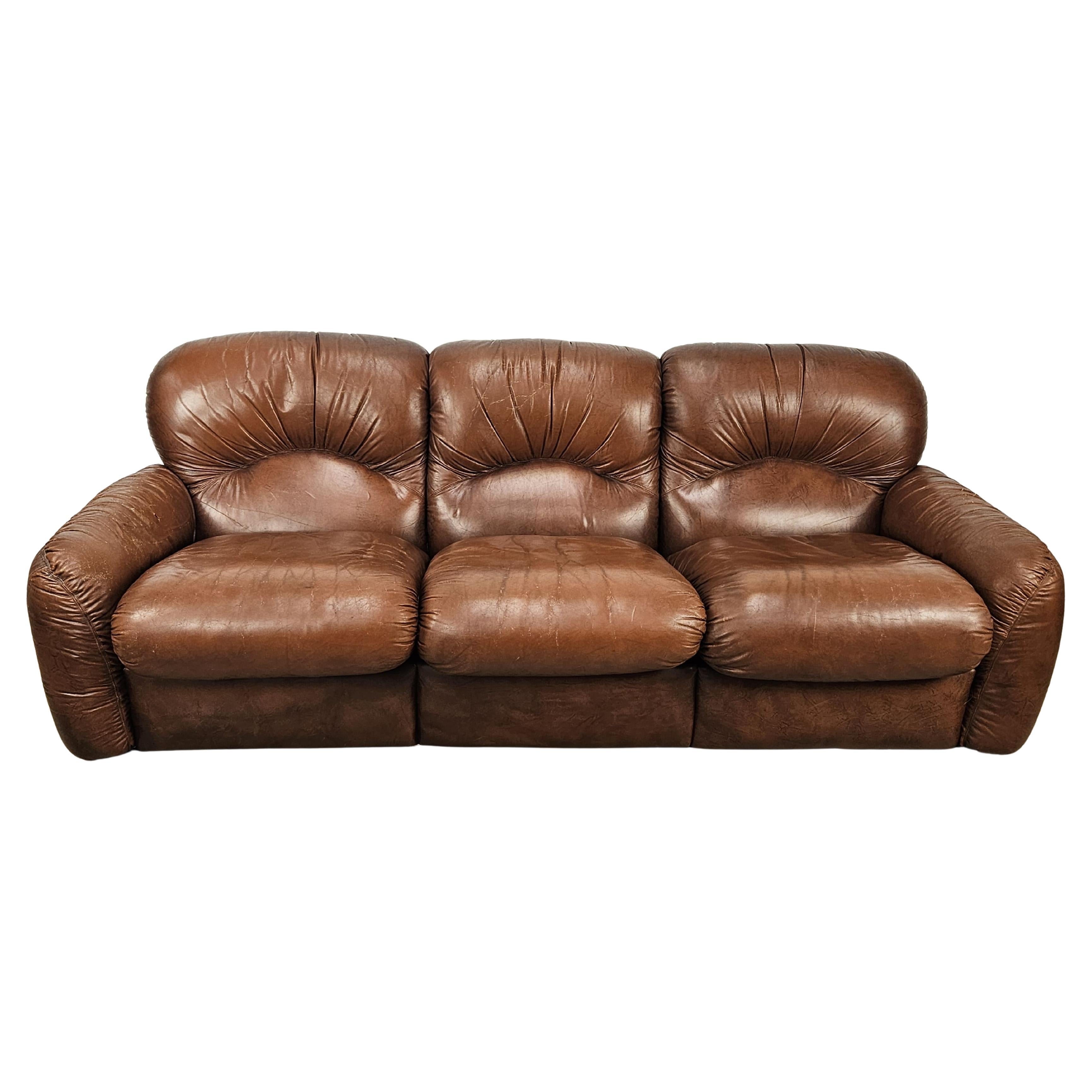 Club three-seater sofa in 1970s Mid Century brown leather