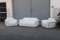 Sofa with minimal armchairs steel and white fabric cubic 1970 Italy