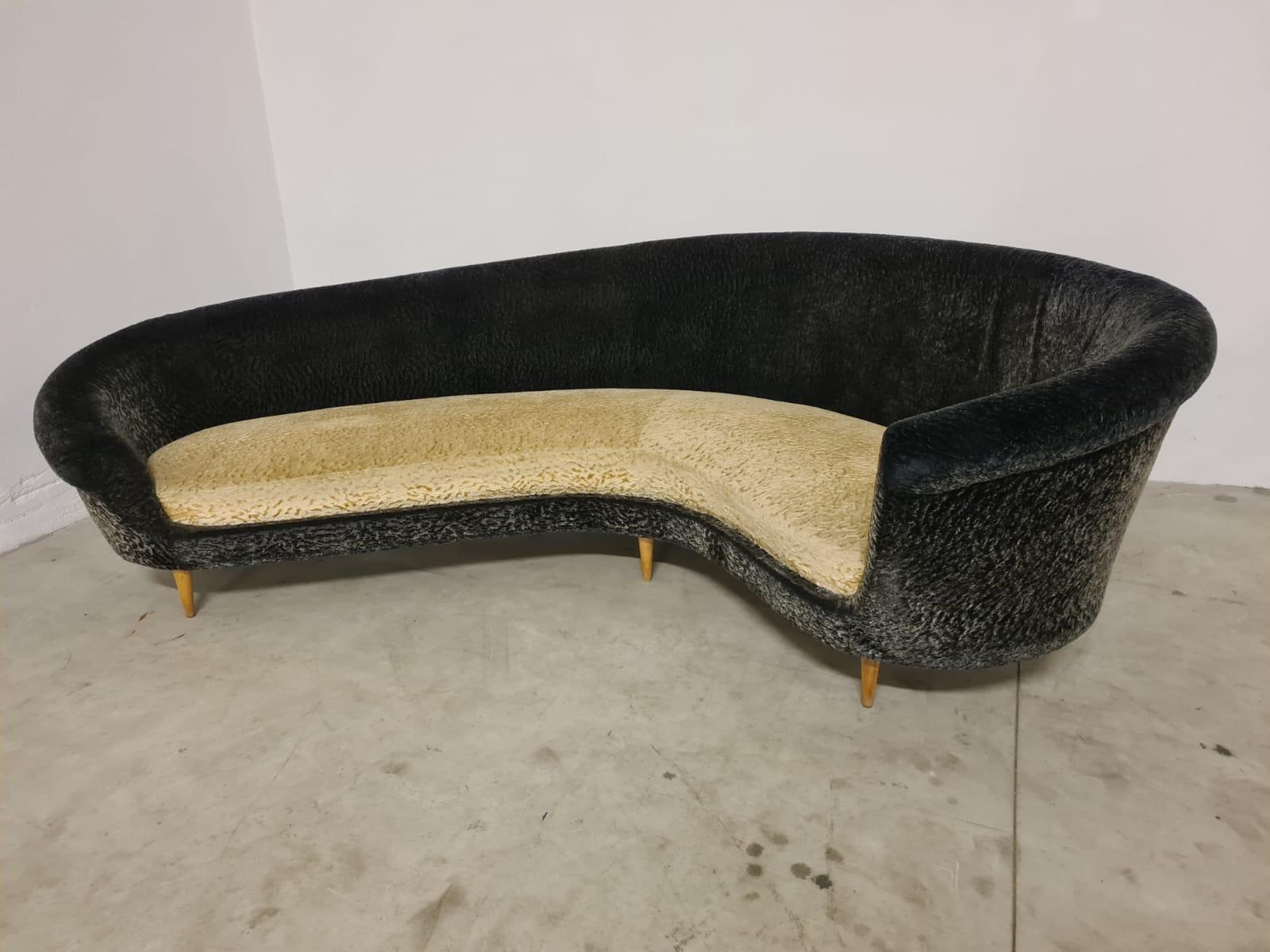 Divano curvo di Federico Munari.

Elegante divano curvo degli anni 50'.

Ideale per una posizione a centro stanza in modo da poter cogliere la bellezza del divano da ogni lato.

Originale in ogni sia parte compreso il tessuto che si trova in ottime