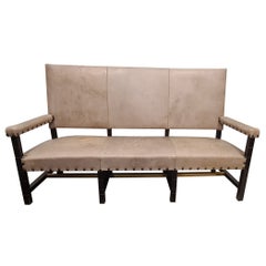 Divano da ingresso in pelle, legno laccato e ottone