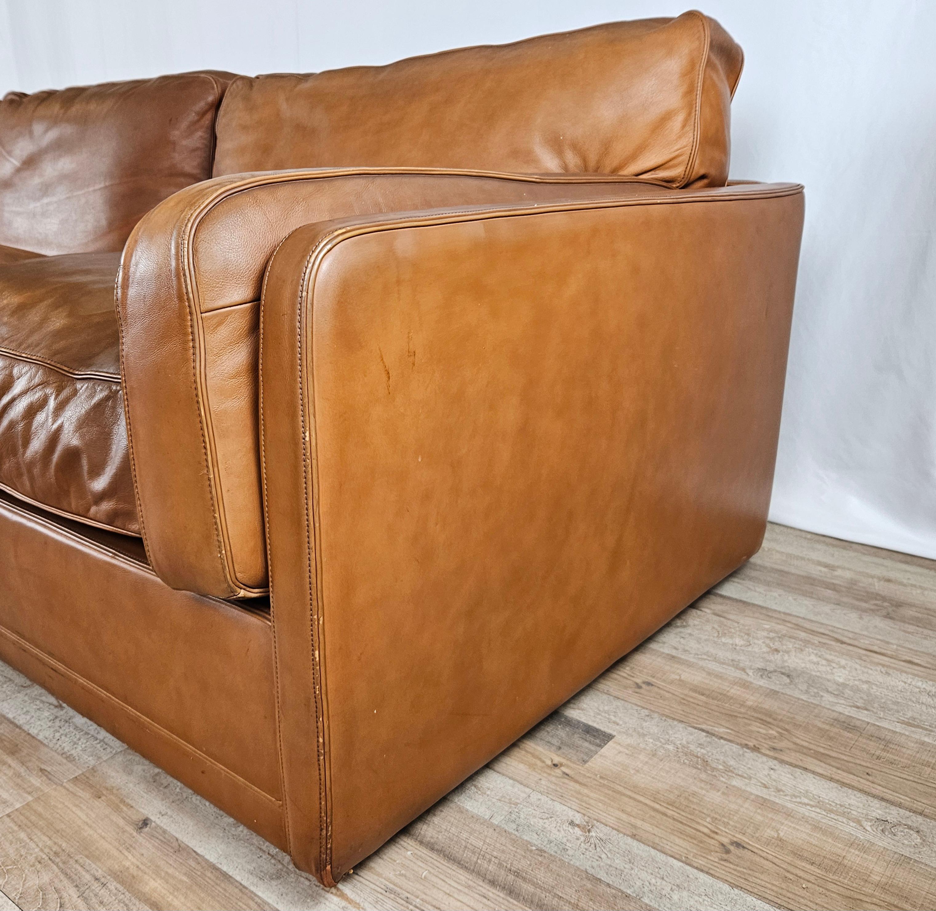 Mid-Century Modern Poltrona Frau three-seater 1970s sofa in cognac-colored leather For Sale