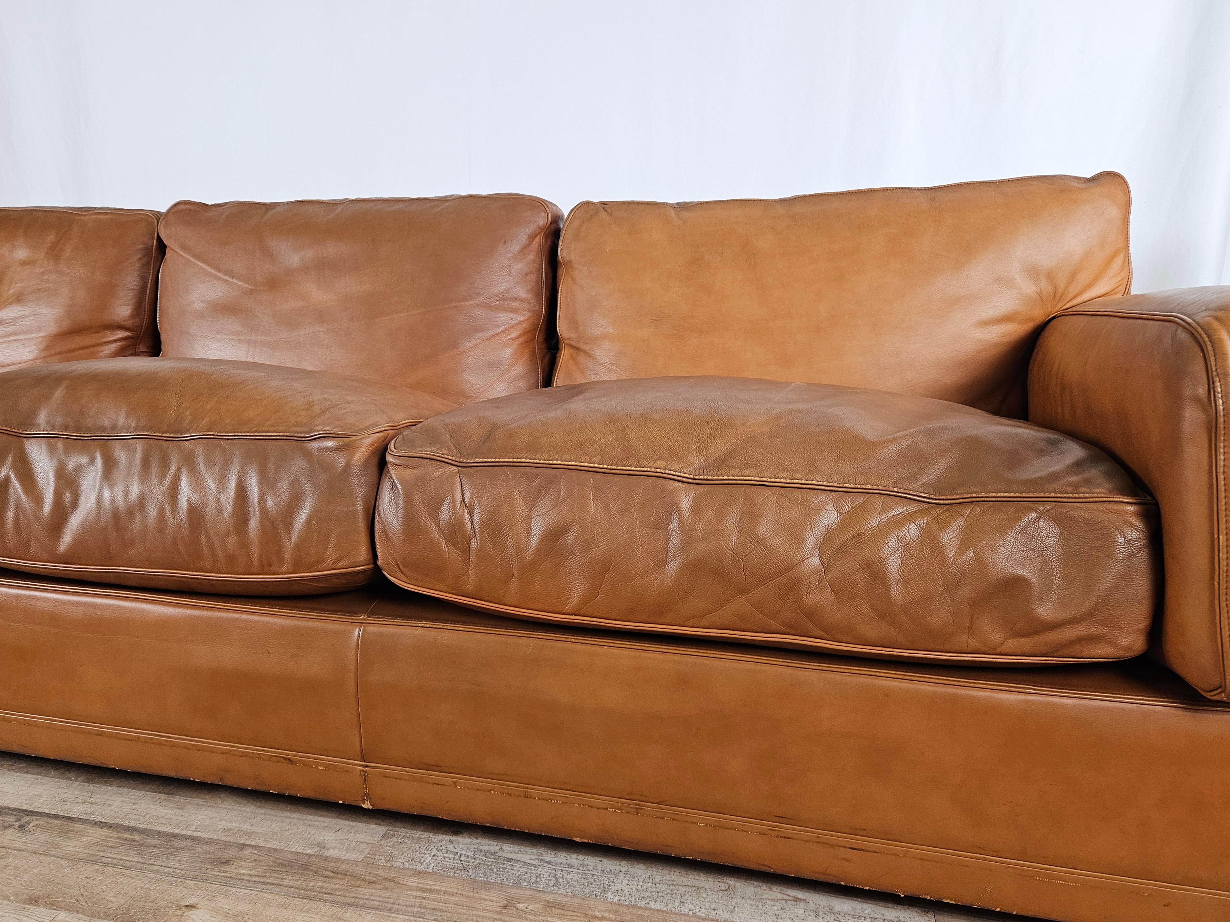 Italian Poltrona Frau three-seater 1970s sofa in cognac-colored leather For Sale