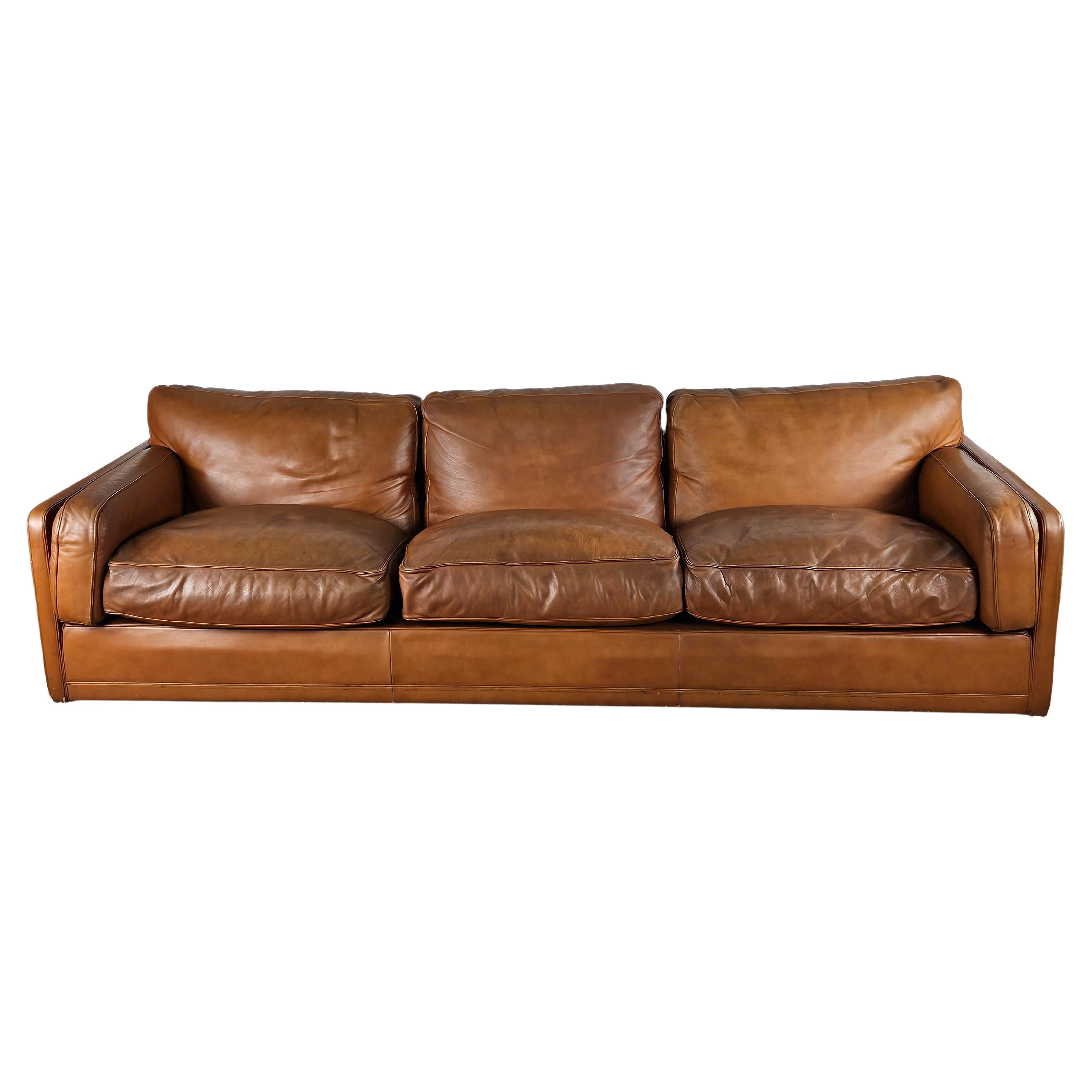 Poltrona Frau three-seater 1970s sofa in cognac-colored leather For Sale