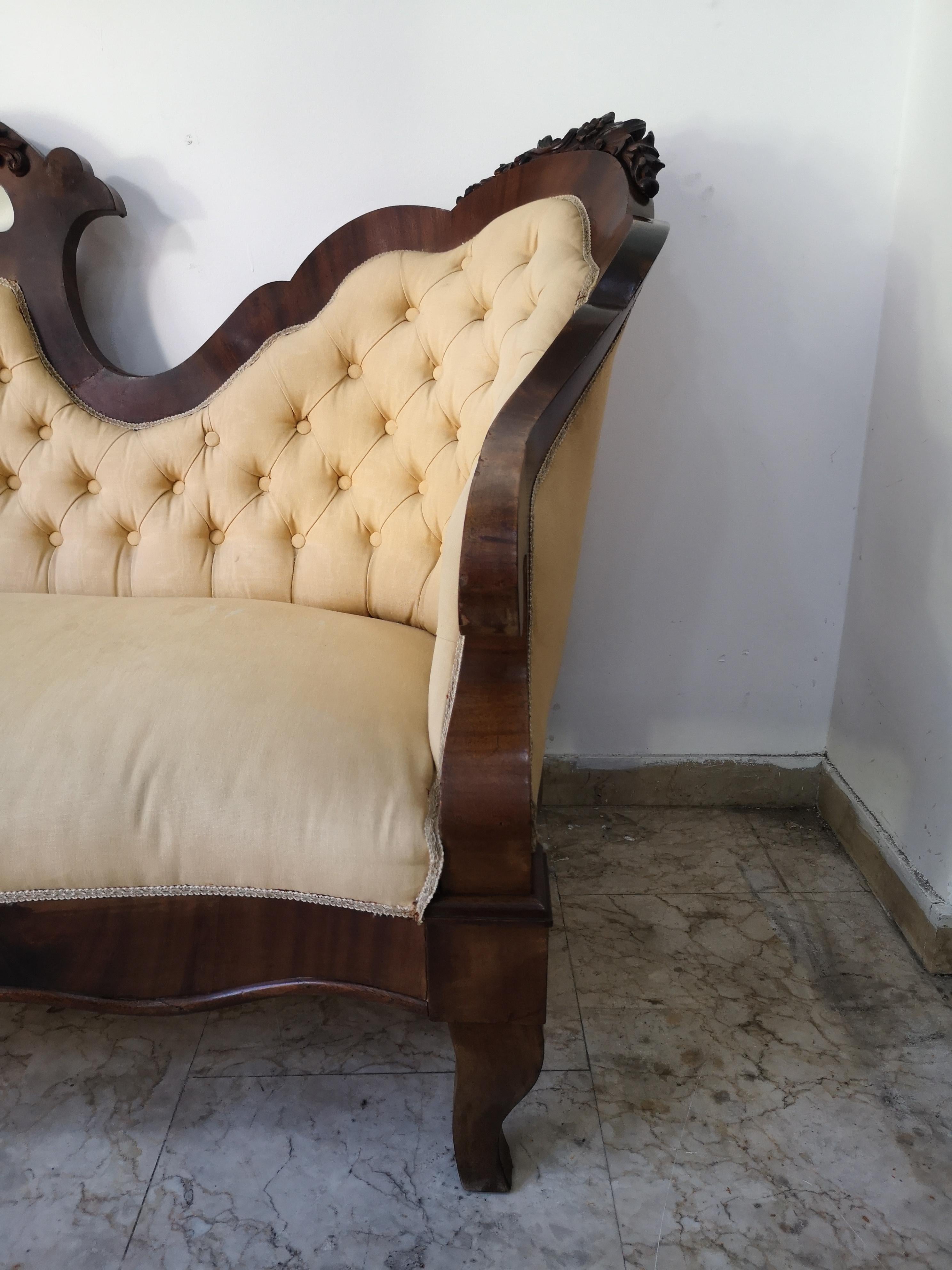 Fabric Two-seater Louis Philippe sofa in walnut and fabric, 19th century era For Sale