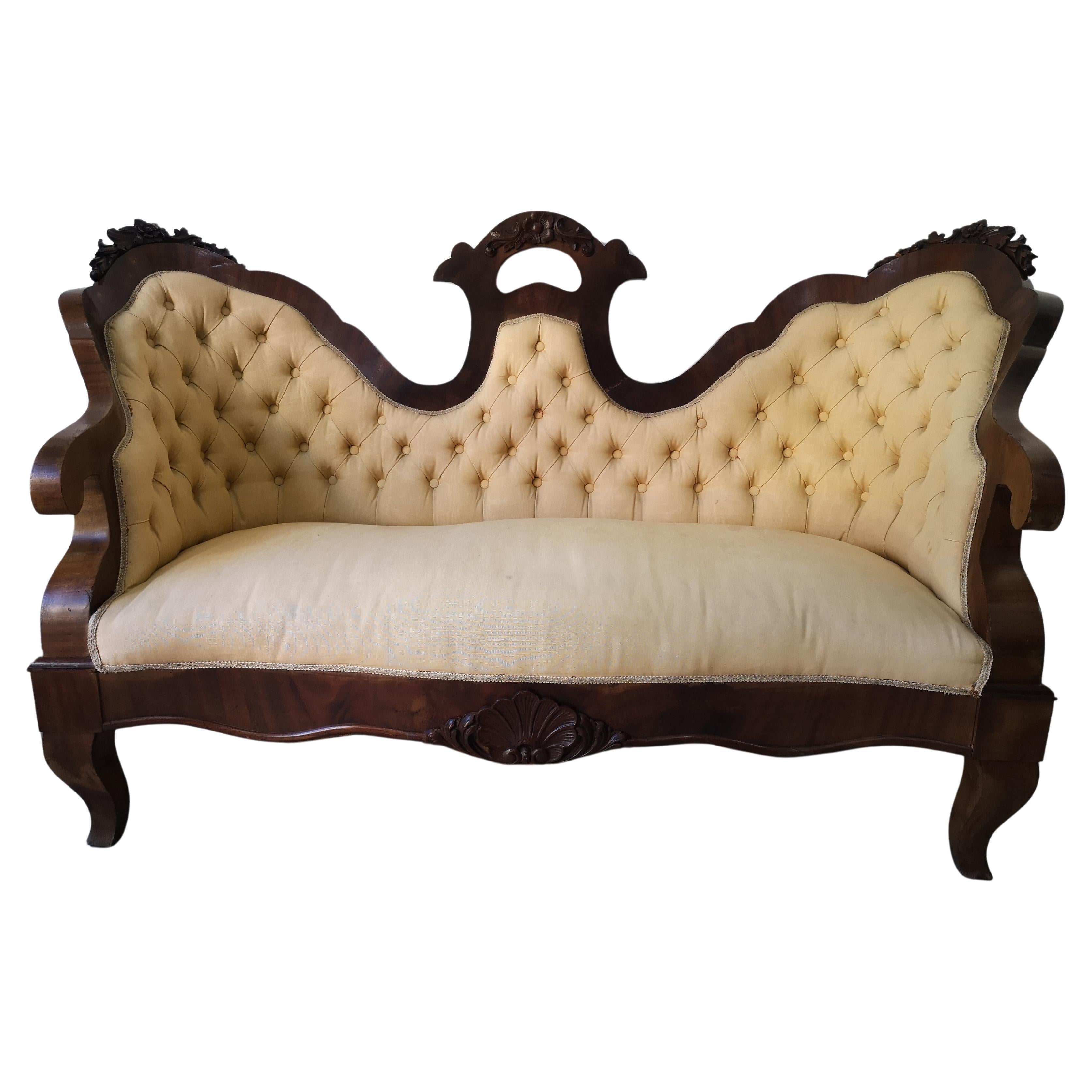 Two-seater Louis Philippe sofa in walnut and fabric, 19th century era For Sale