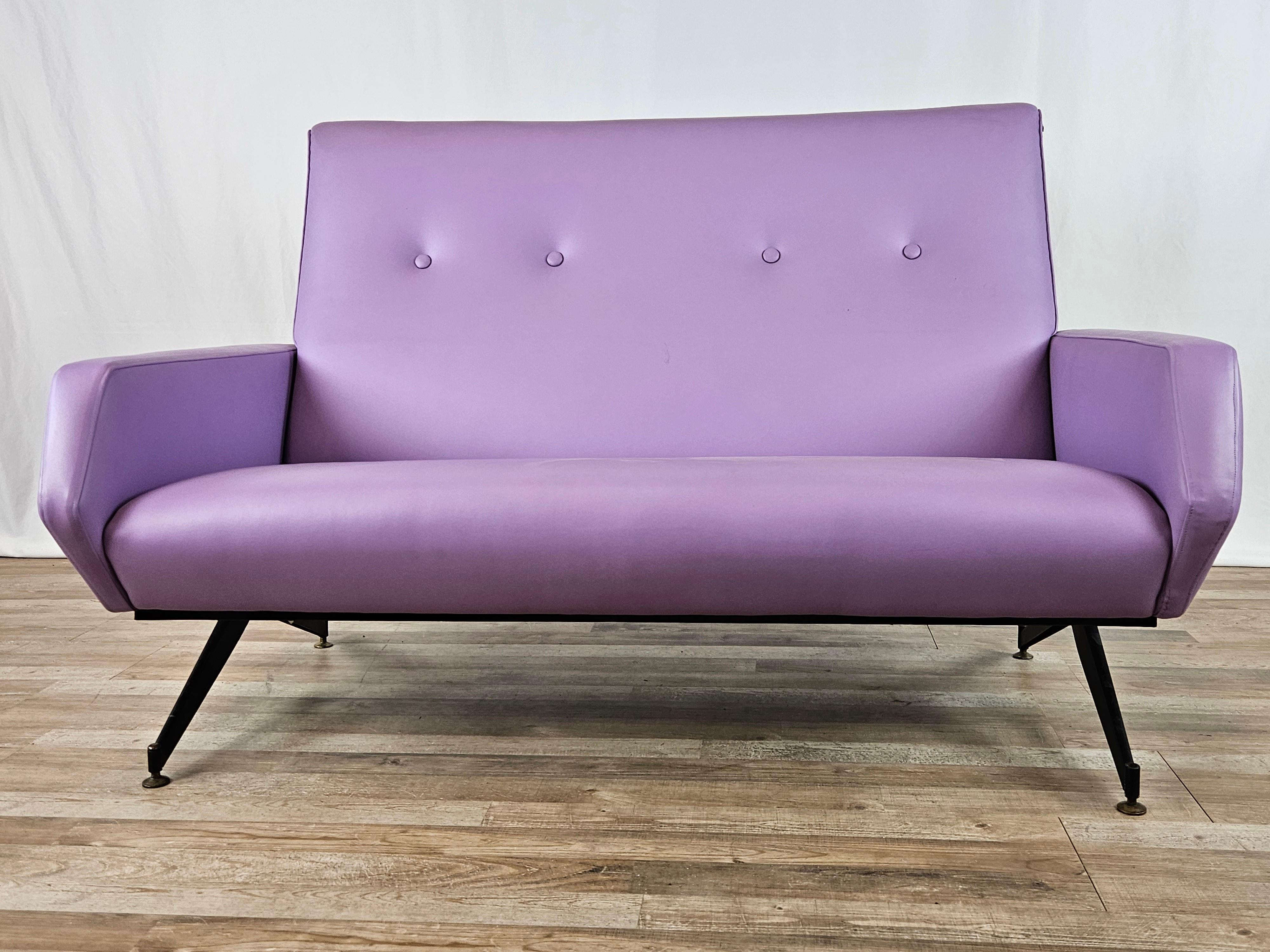 Mid-Century Modern Mid Century two-seater sofa in lilac leatherette and iron For Sale