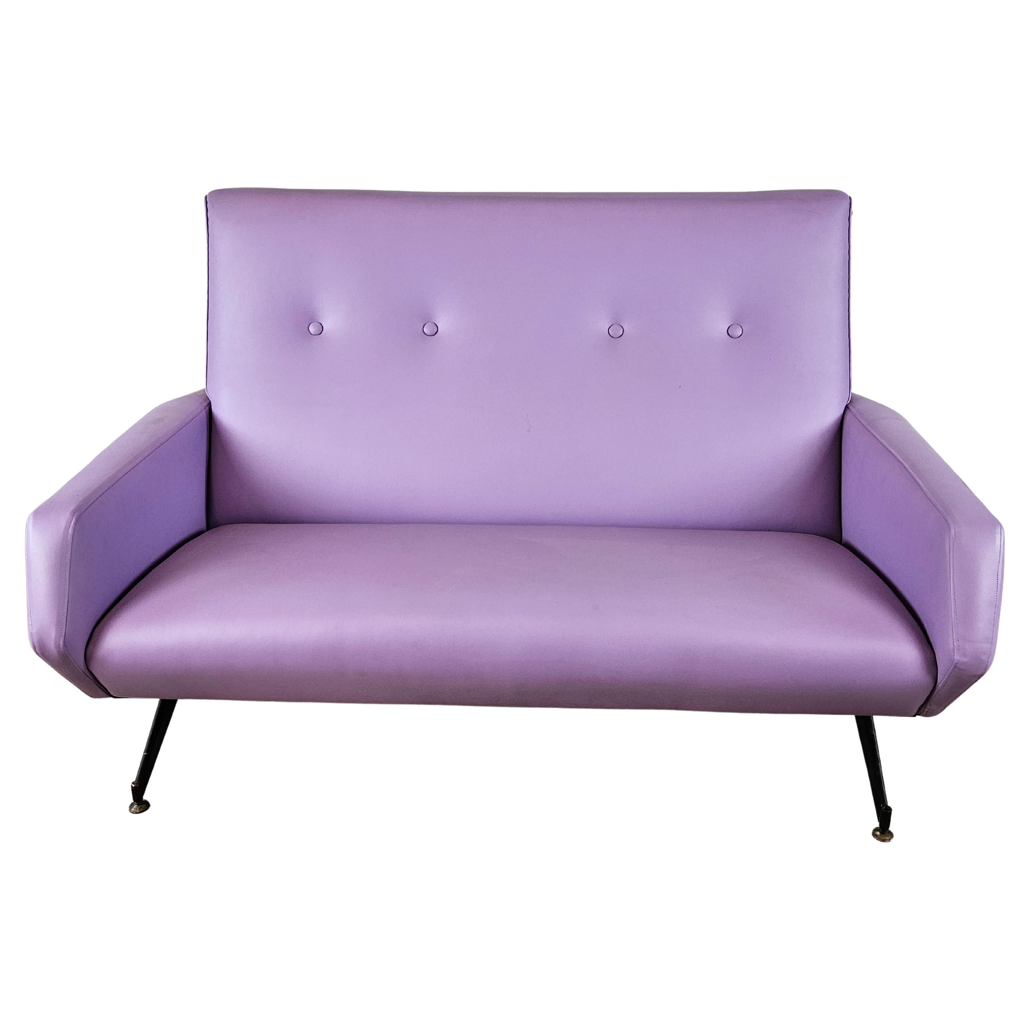 Mid Century two-seater sofa in lilac leatherette and iron