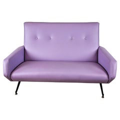 Vintage Mid Century two-seater sofa in lilac leatherette and iron