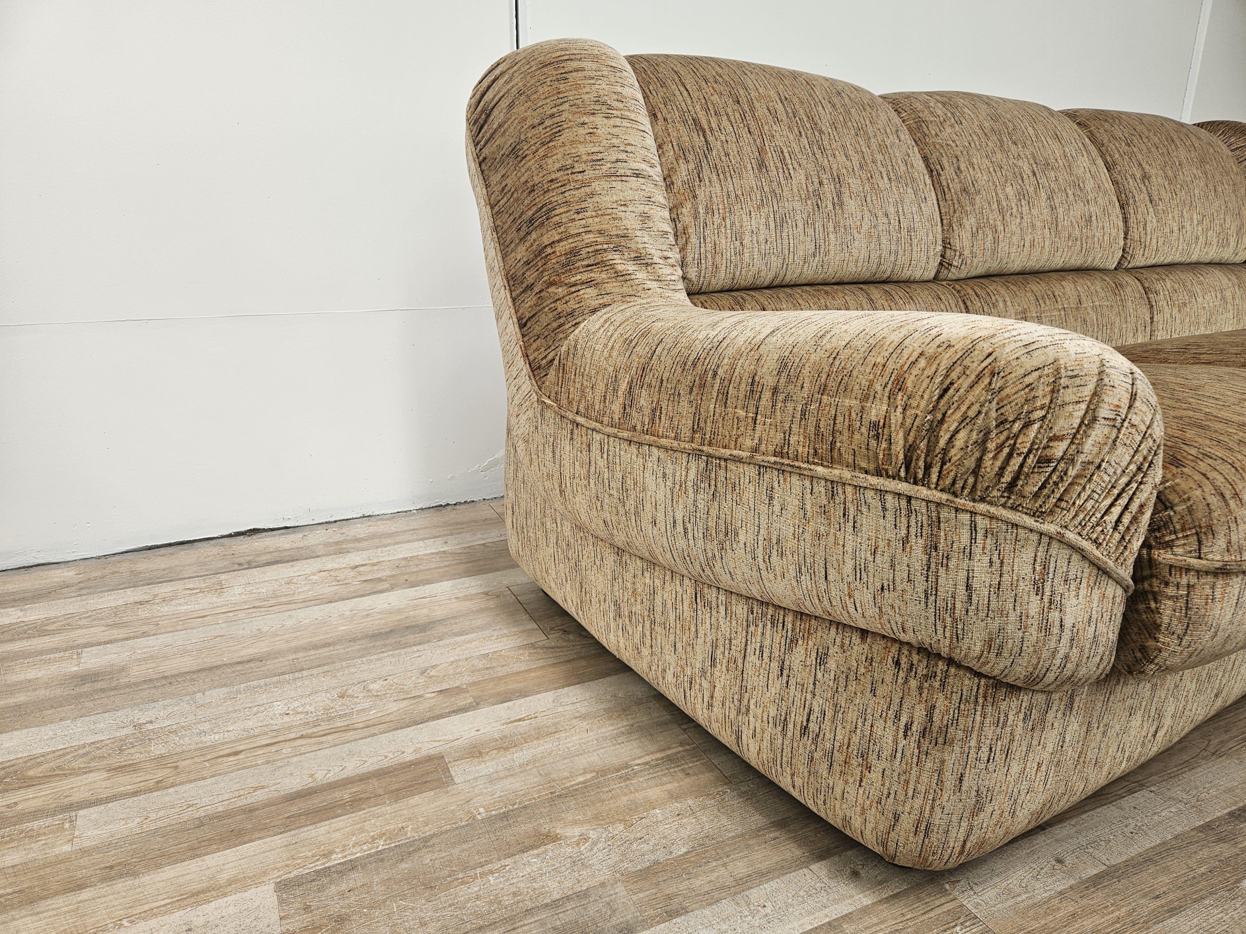 Three-seater designer sofa model 'Fiordaliso' 1970s fabric upholstered and manufactured by Mimo J. Padova.

Modern furniture element perfect for any type of environment, from vintage to antique, thanks to the soft line and light structure.

Normal