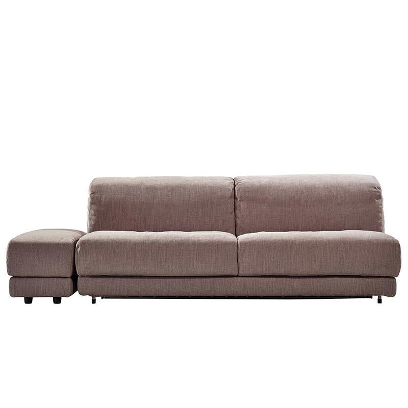 Joe sofa bed produced by Milano Bedding in Italy in 2010. The metal frame is presented without side arms and accompanied by a footstool. With simple, modern lines, the Joe sofa bed can be easily placed in any room. The sofa is upholstered in Smoke