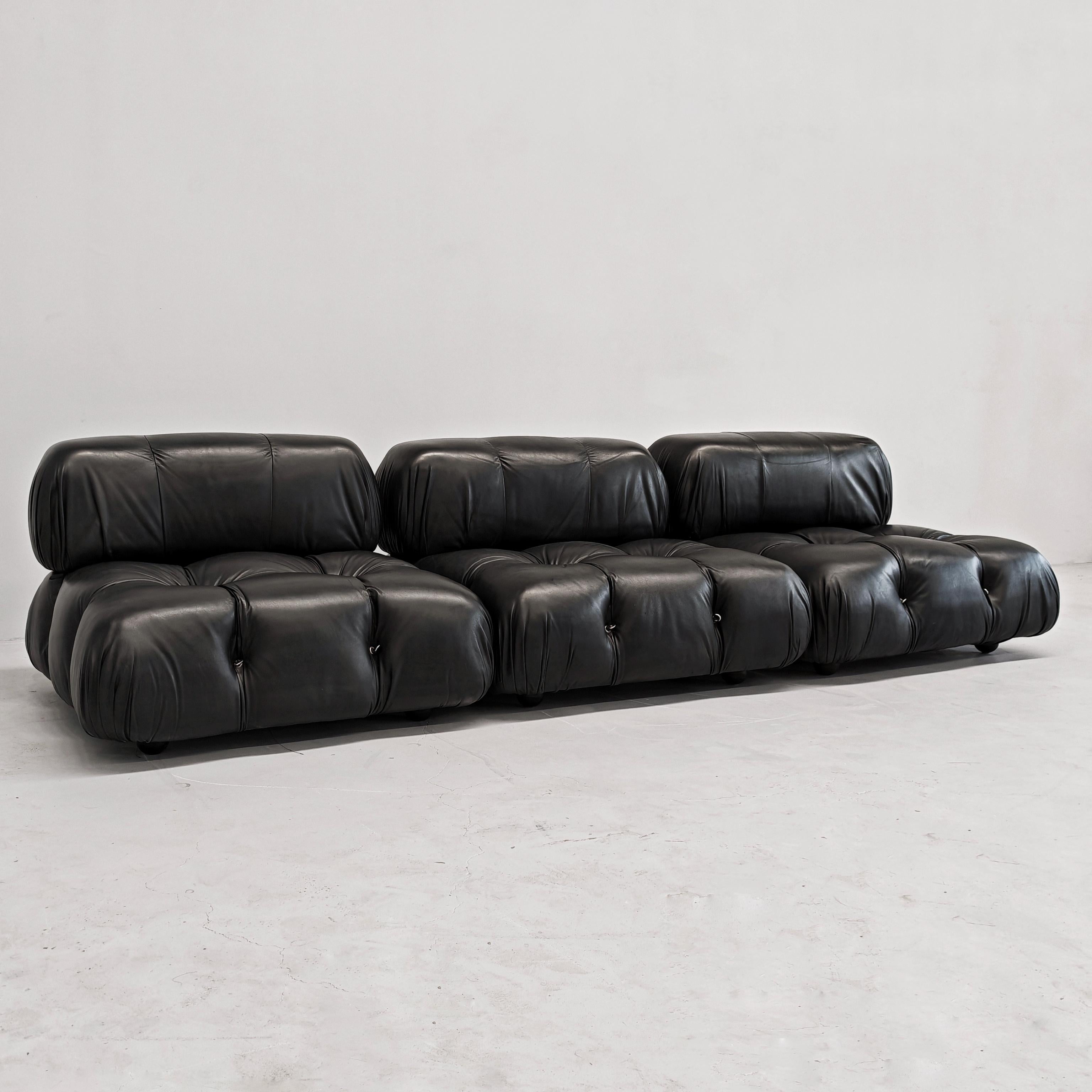 Gorgeous 3-seater modular sofa Camaleonda model designed in 1970 by Mario Bellini for C&B (later to become B&B). Since it is marked C&B it belongs to the first series so it also has collector's value. Black leather lends elegance, and generous