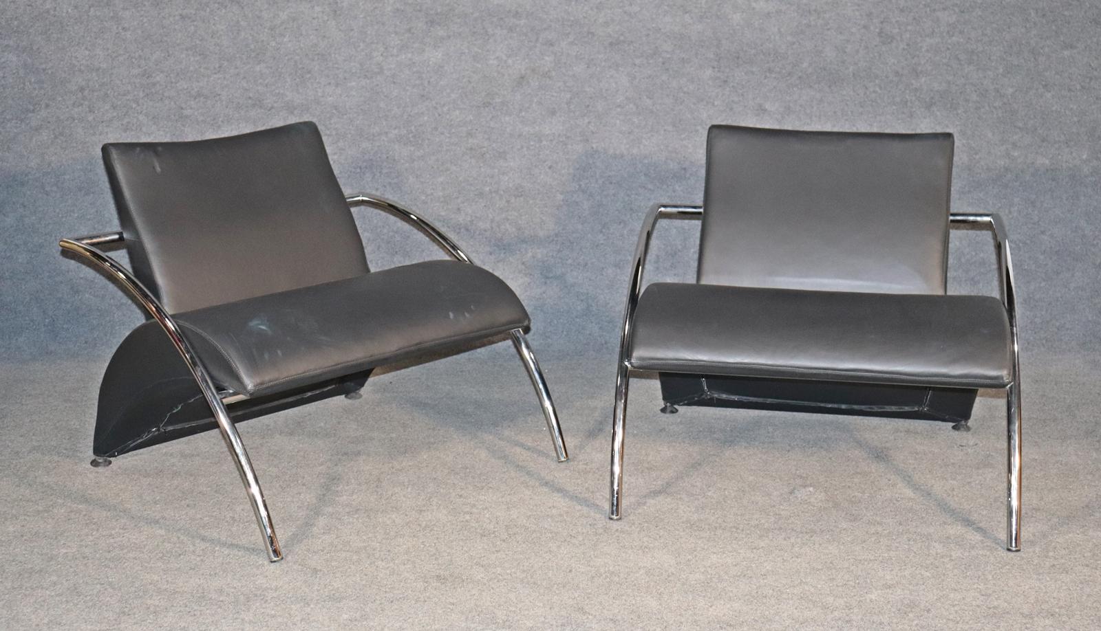Italian Divano Naiadi Attributed Leather and Chrome Mid-Century Modern Lounge Chairs