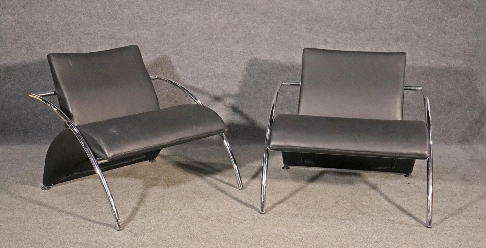 Divano Naiadi Attributed Leather and Chrome Mid-Century Modern Lounge Chairs In Good Condition In Swedesboro, NJ
