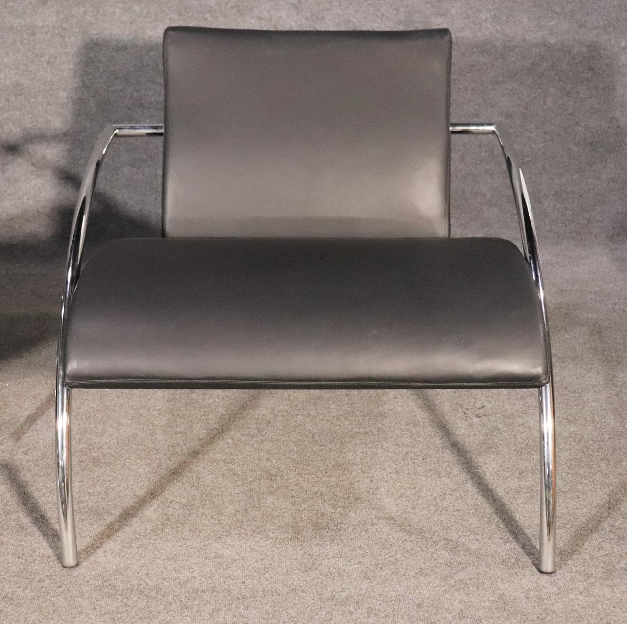 Steel Divano Naiadi Attributed Leather and Chrome Mid-Century Modern Lounge Chairs