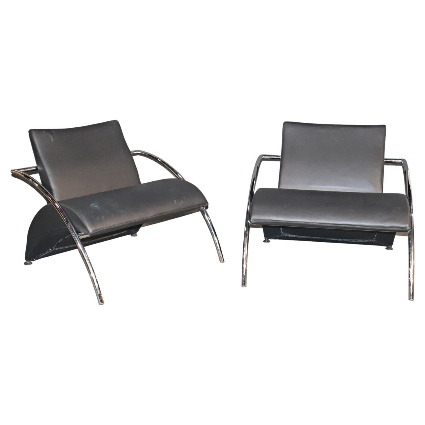 Divano Naiadi Attributed Leather and Chrome Mid-Century Modern Lounge Chairs