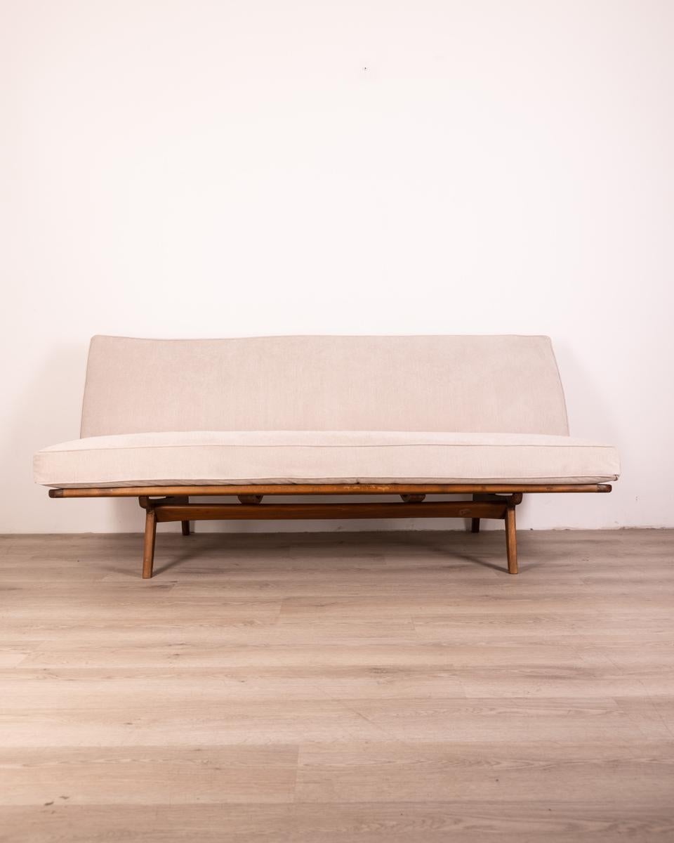 Teak wood frame sofa, seat and back with gray fabric upholstery, Danese design, 1960s.

CONDITION:
In good condition, may show signs of wear given by time.

SIZING:
Height 81 cm; width 182 cm; length 83 cm;