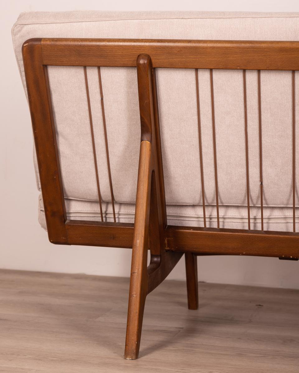 Fabric Vintage 1960s teak wood and gray fabric sofa Danish design For Sale