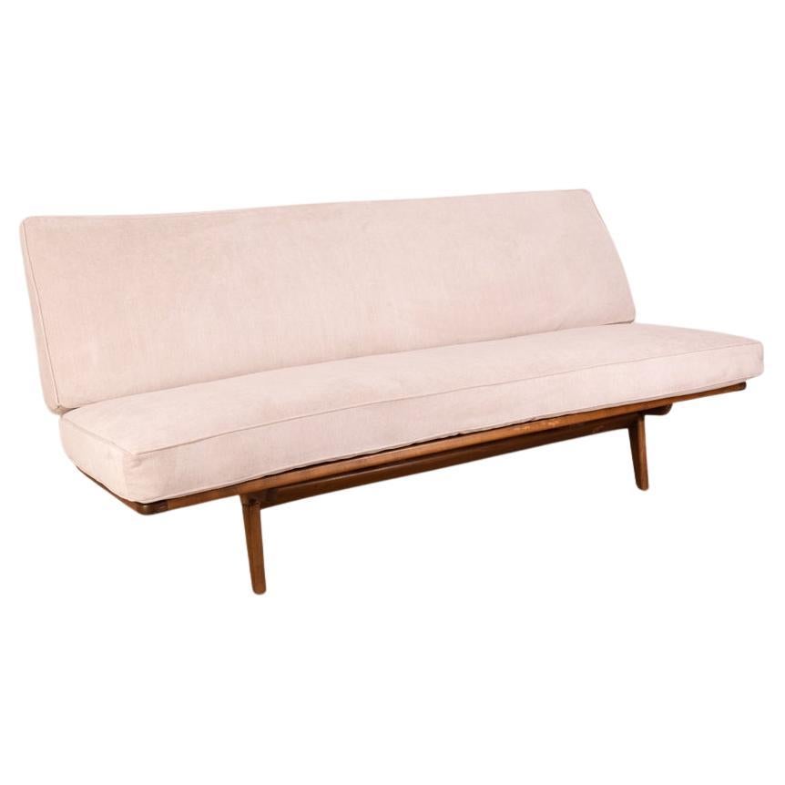 Vintage 1960s teak wood and gray fabric sofa Danish design