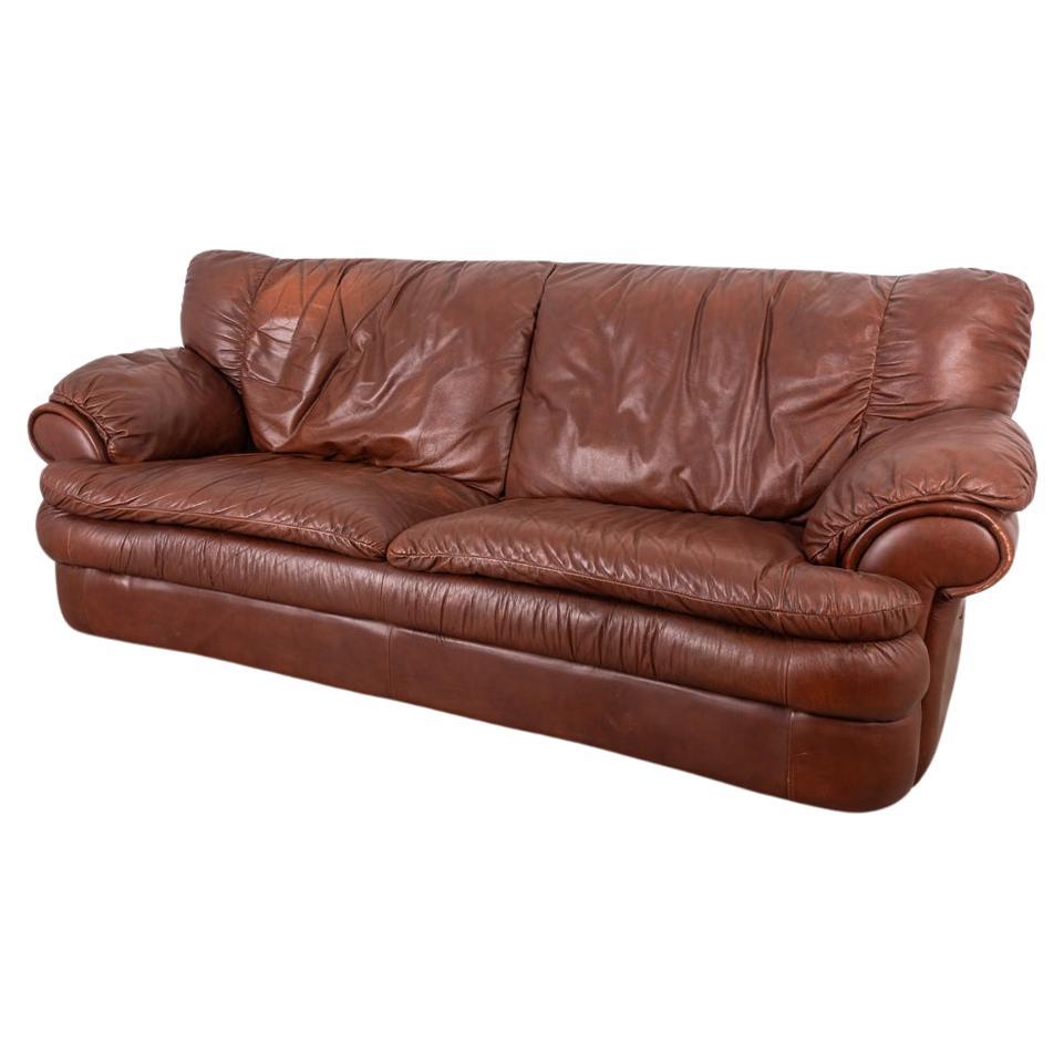 Vintage 70s brown genuine leather sofa Italian design For Sale