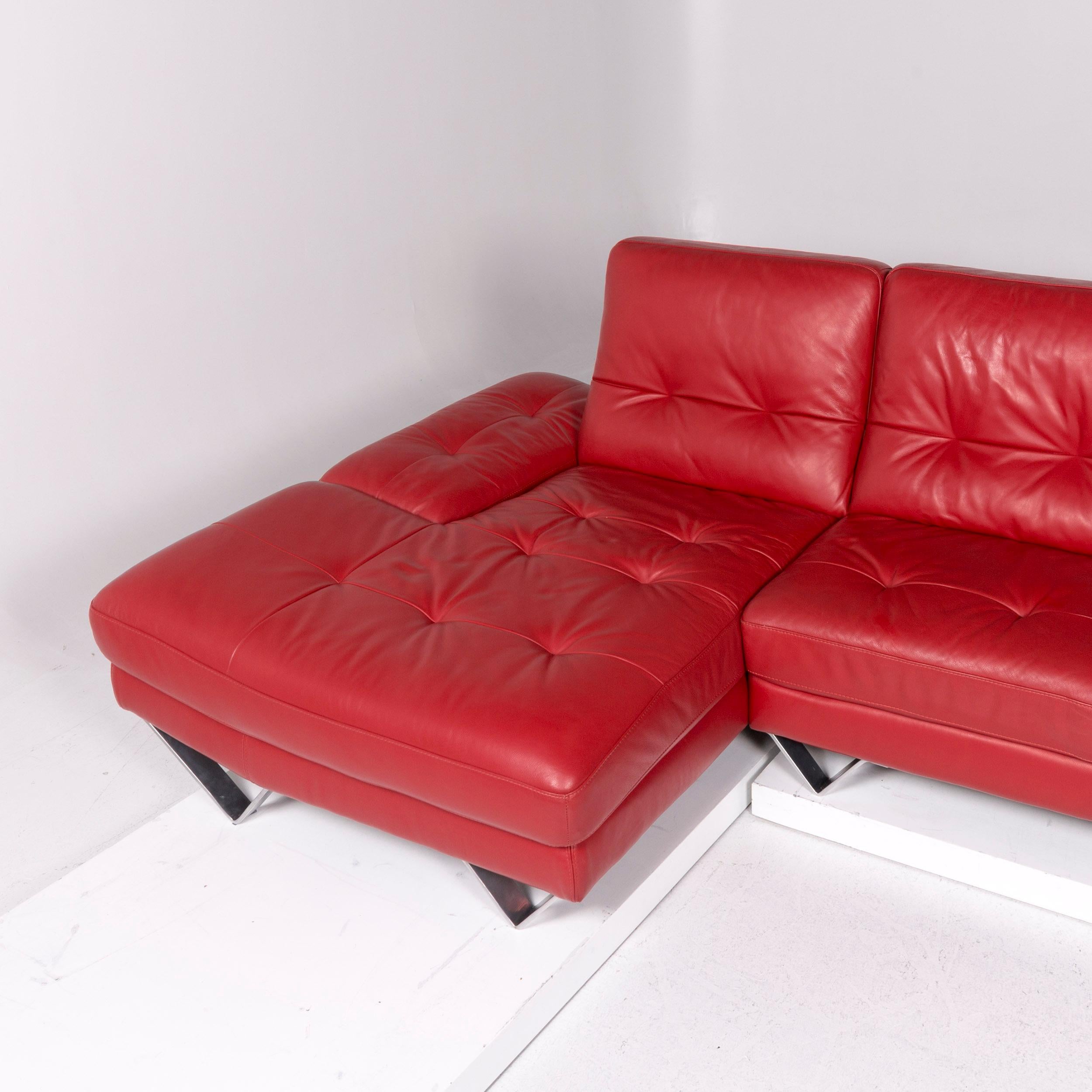 Divanotti Leder Sofa Set Rot 1 Ecksofa 1 Hocker 5