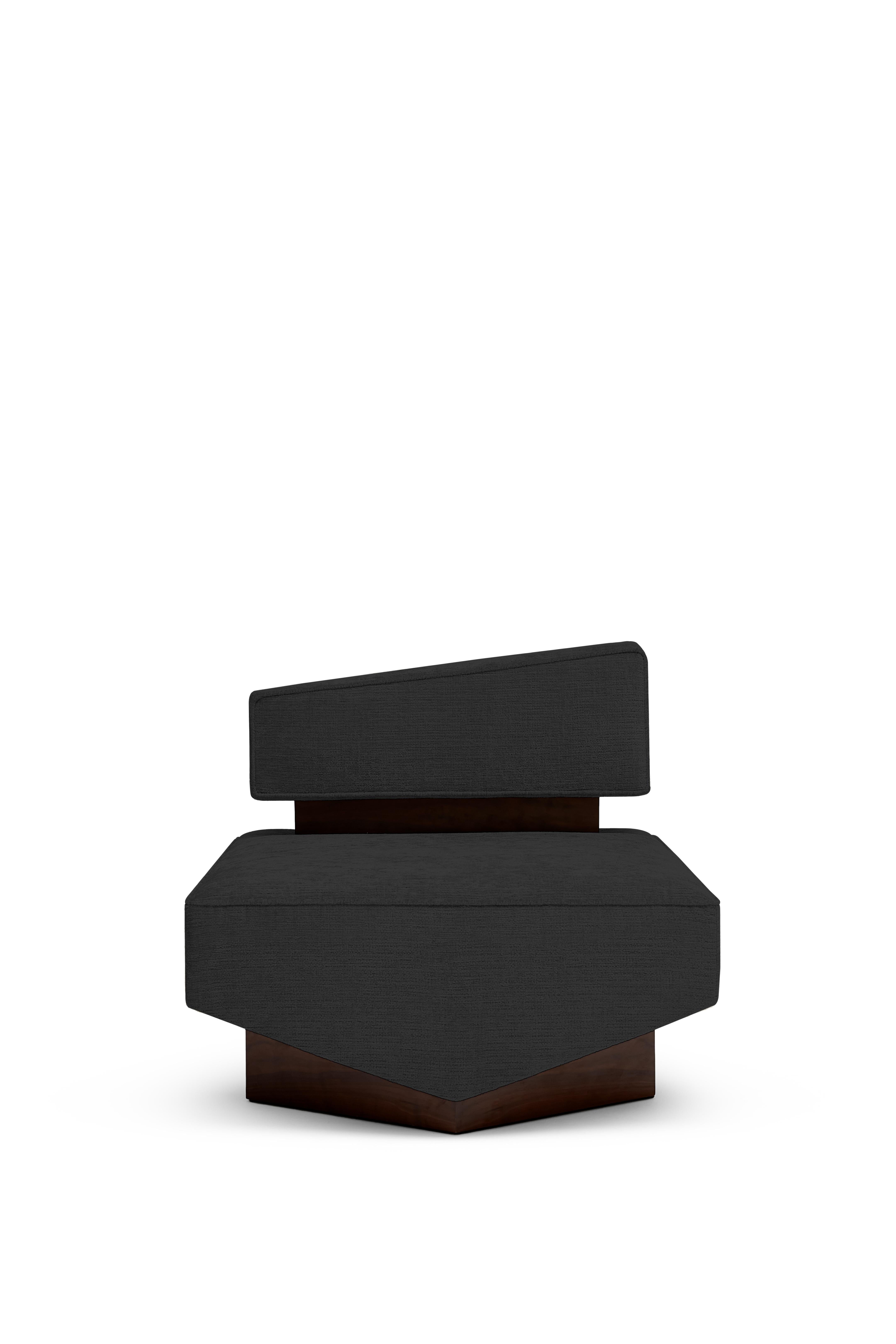 DIVERGENT Armchair by Marta Delgado Studio

Fabric: Vintage 
Color: Dark Gray 
Wood: American Walnut Veener

Dimensions:
Width: 31.5” 80 cm 
Depth: 32.7” 83 cm 
Height: 29.1” 74 cm
Seat Height: 15.7” 40 cm

Marta Delgado is a Portuguese