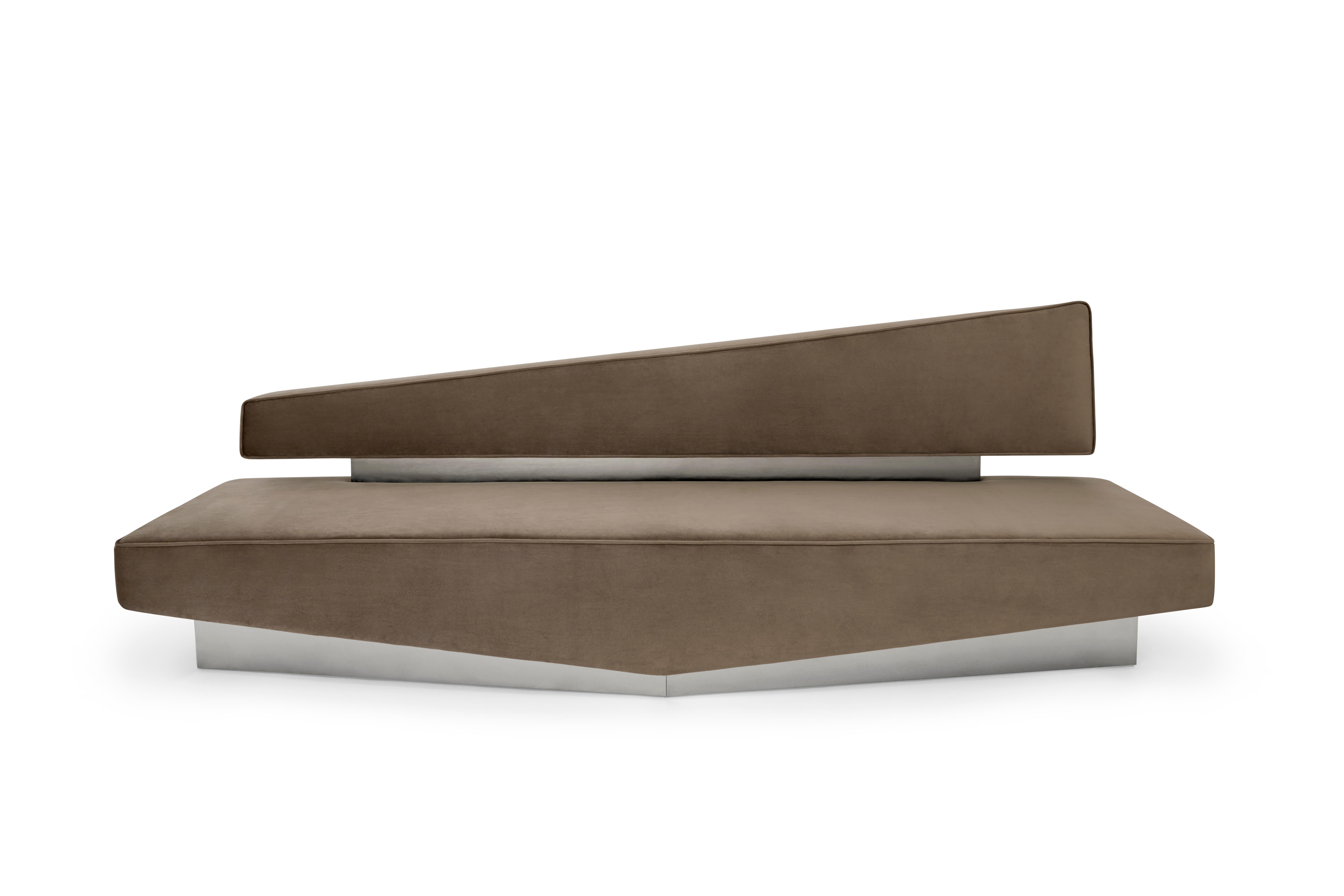Divergent sofa by Marta Delgado Studio

Model on the picture:
Fabric: Velvet 
Color: Olive 
Metal: stainless steel polished

Dimensions:
Width: 94.5” 240 cm 
Depth: 32.7” 83 cm 
Height: 31.5” 80 cm 
Seat Height: 15.7” 40 cm 

Marta
