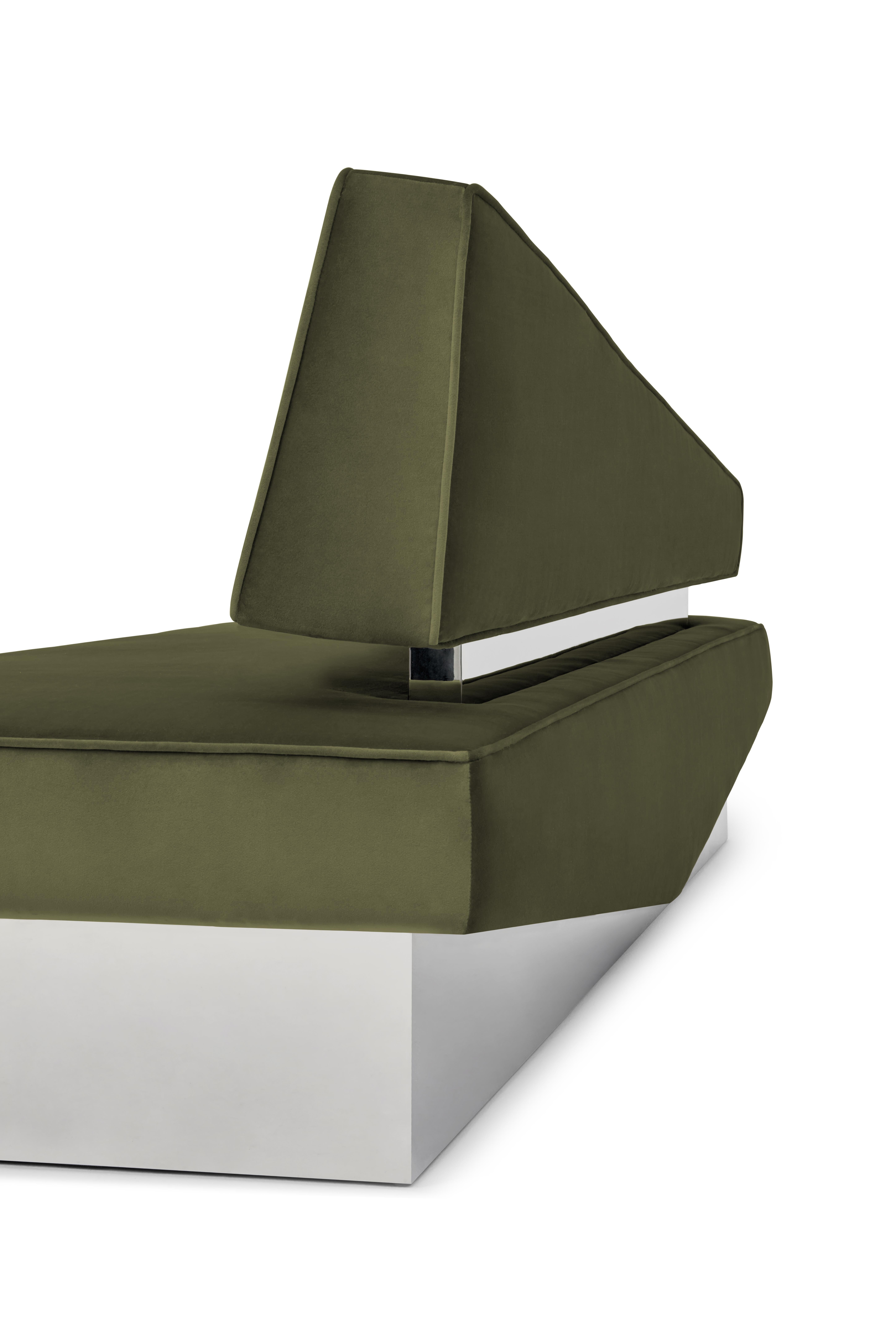 Contemporary 'Divergent' Velvet Sofa by Marta Delgado, Olive, Stainless Steel For Sale