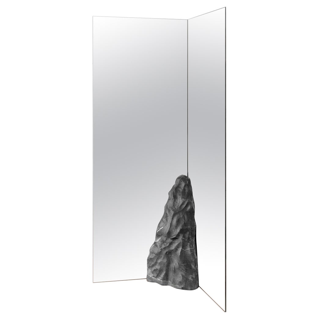 Sharp Rectangular Double Mirror with Irregular Black Stone by Andres Monnier