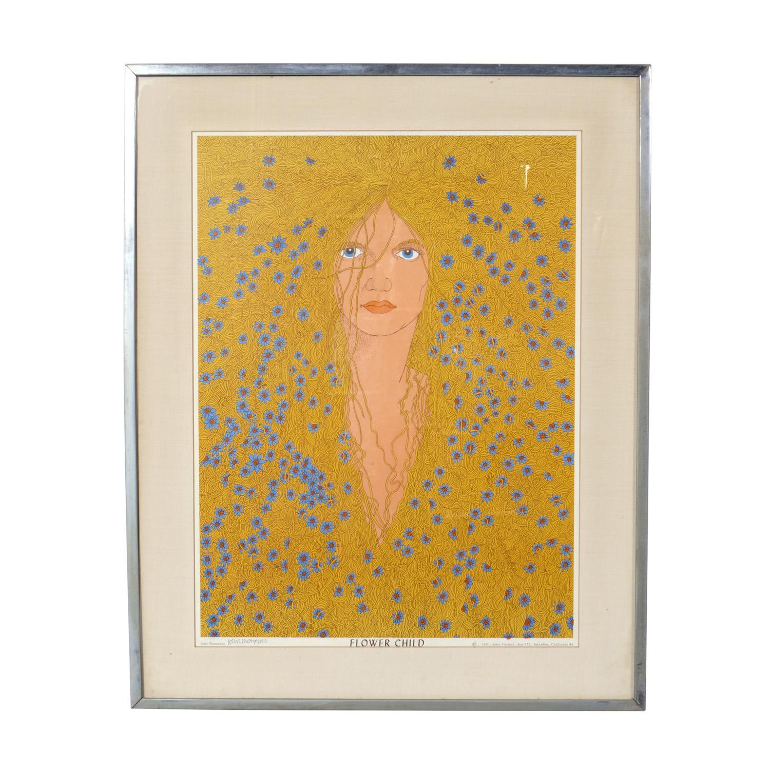 Diverse selection of female portraits, American, 20th century. 
Clockwise from left, they are:
1) Hippie lady with flowers in her hair, color screenprint by John Thompson. It measures 31