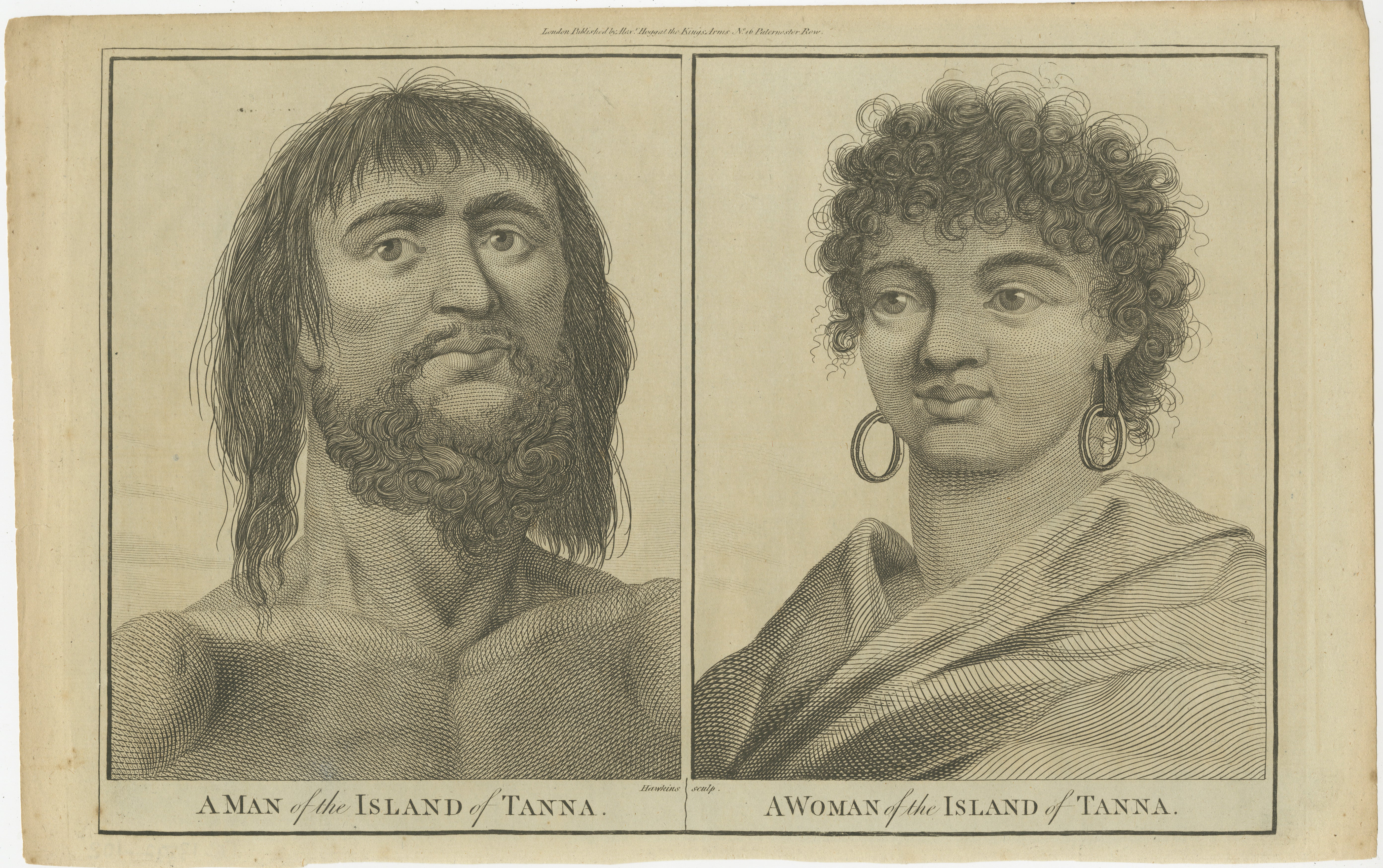 The engraving features two individual portraits side by side, labeled as inhabitants of the island of Tanna, which is part of Vanuatu in the South Pacific.

On the left is 