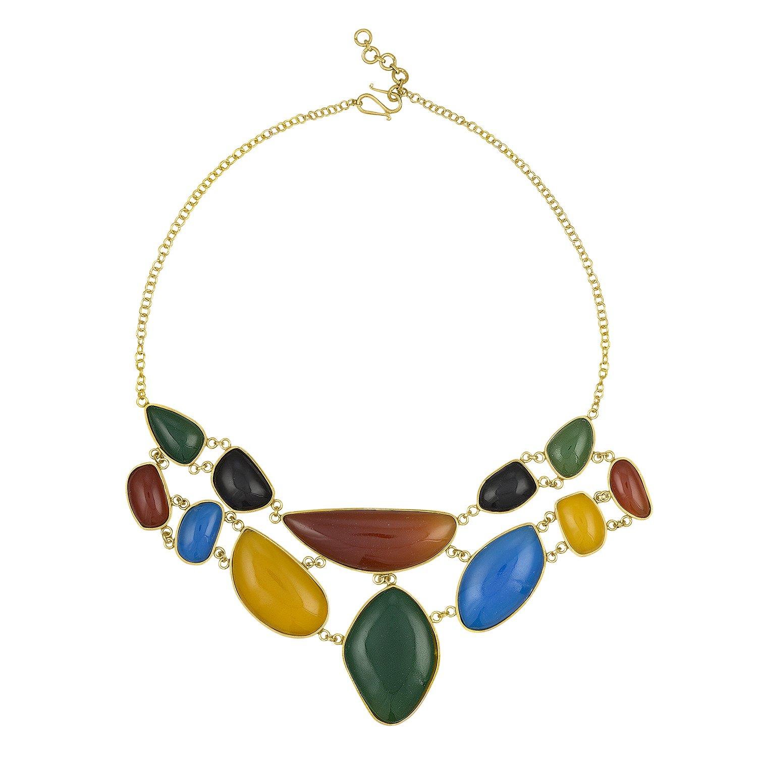 Diversity Rocks Statement Necklace in 18k Gold Plated Brass & Multicolor Stones For Sale