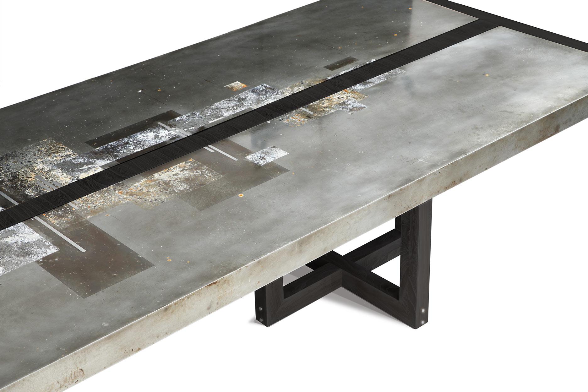 A work of art for your dining room! This Studio Roeper original features an acid-etched zinc top in our signature patina style. The industrial character of the metal is complemented by the neutral black palette of the ebonized walnut wood finish.