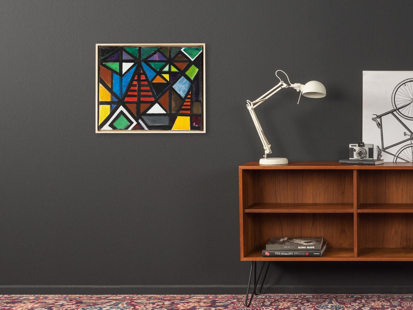Abstract arrangement of geometric forms in a wide color range. Framed in a handcrafted floater frame made of ash wood. Ready to hang. Measures: 53 x 44 cm.