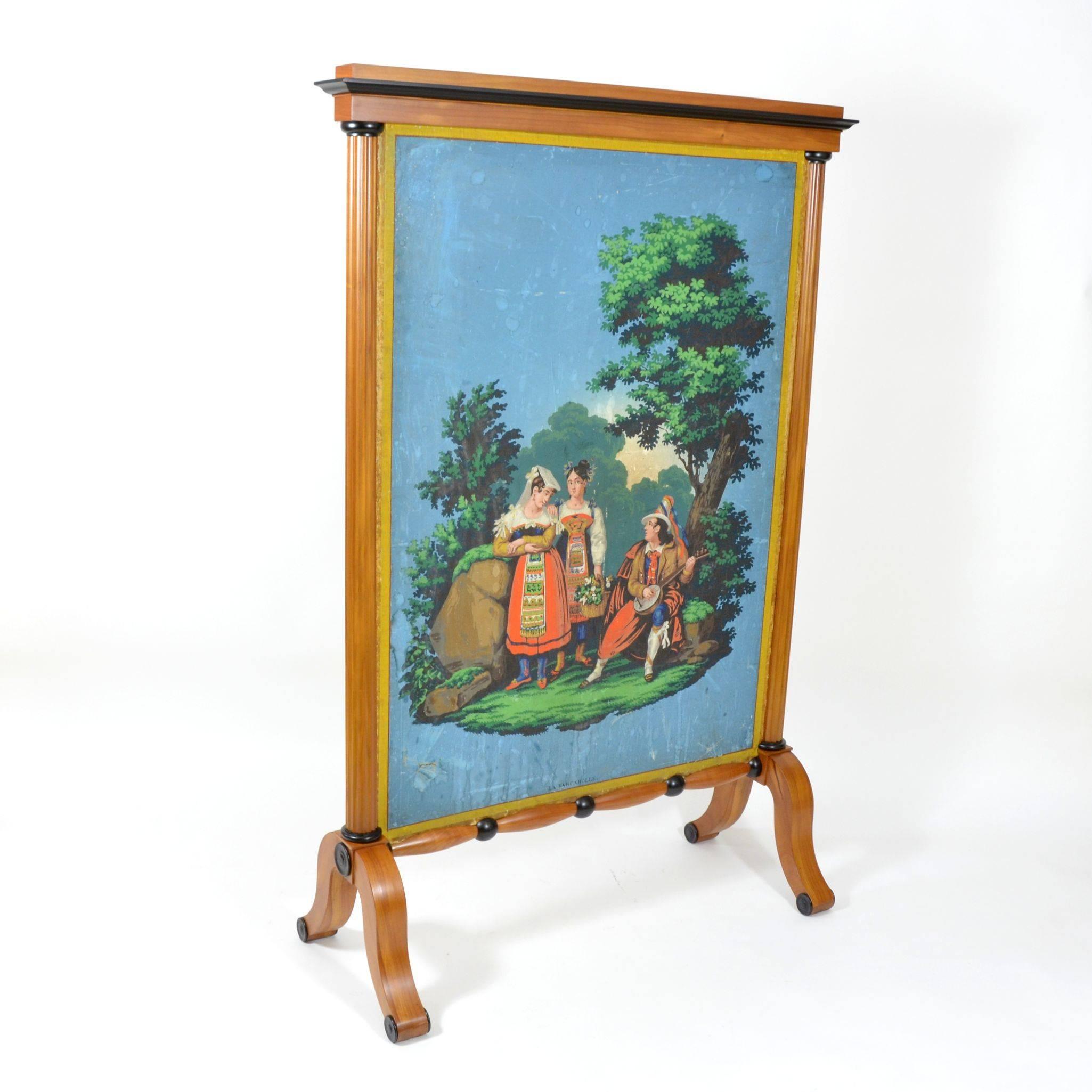 Wooden screen in combination of cherry wood and black painted wood. Made during 1920s in biedermaier style. Removable panel with painting, original naive painting in front, from backside original cartoons. Paintings in original condition. Made in