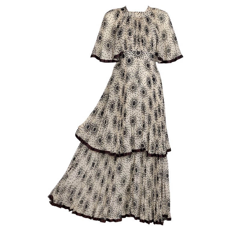 Divine 1970s Jean Muir Pleated Chiffon Ivory Black Dots Layered Dress