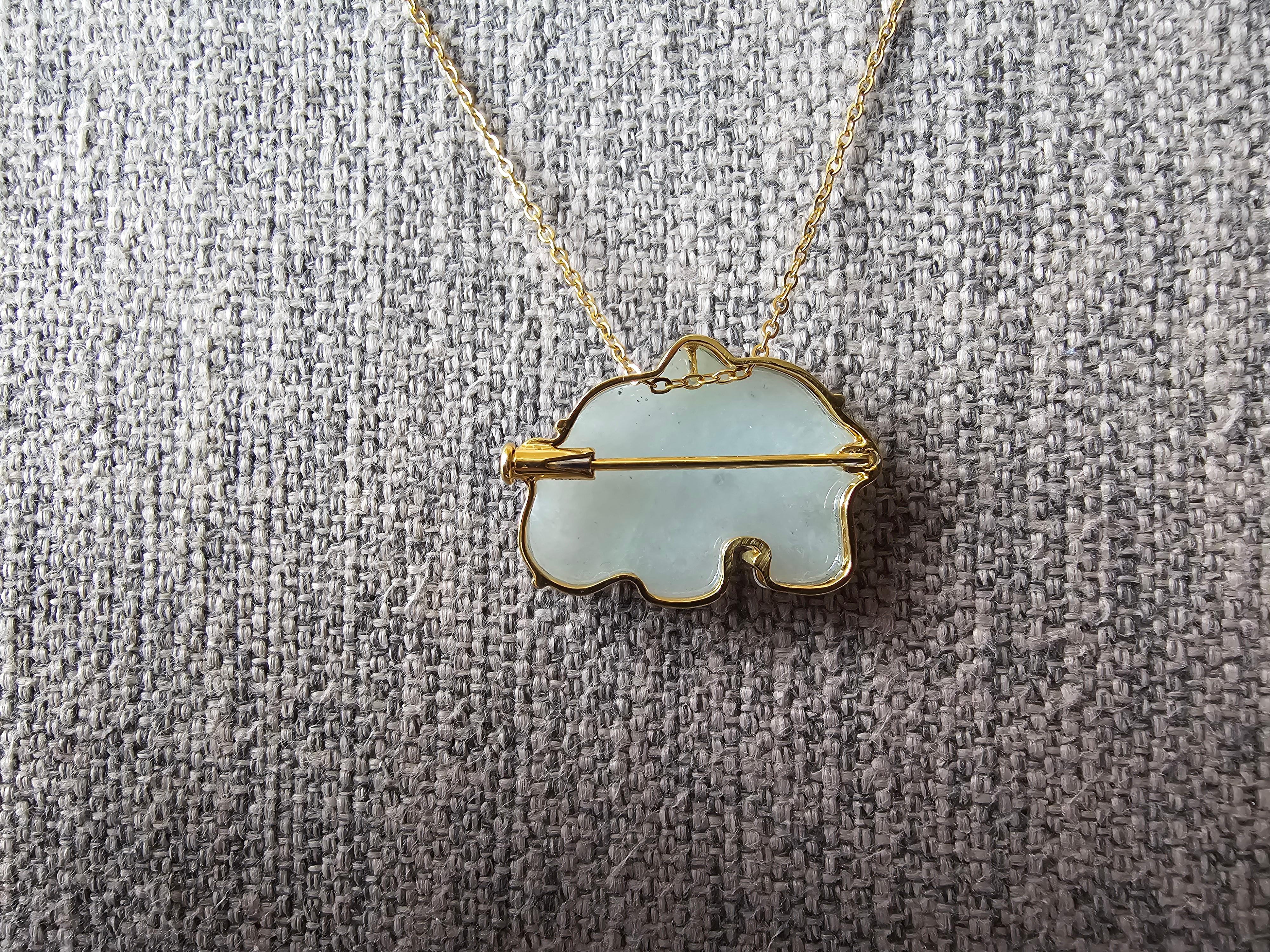 Women's or Men's Divine Burmese A-Jadeite Elephant Brooch and Pendant with 18K Solid Yellow Gold For Sale