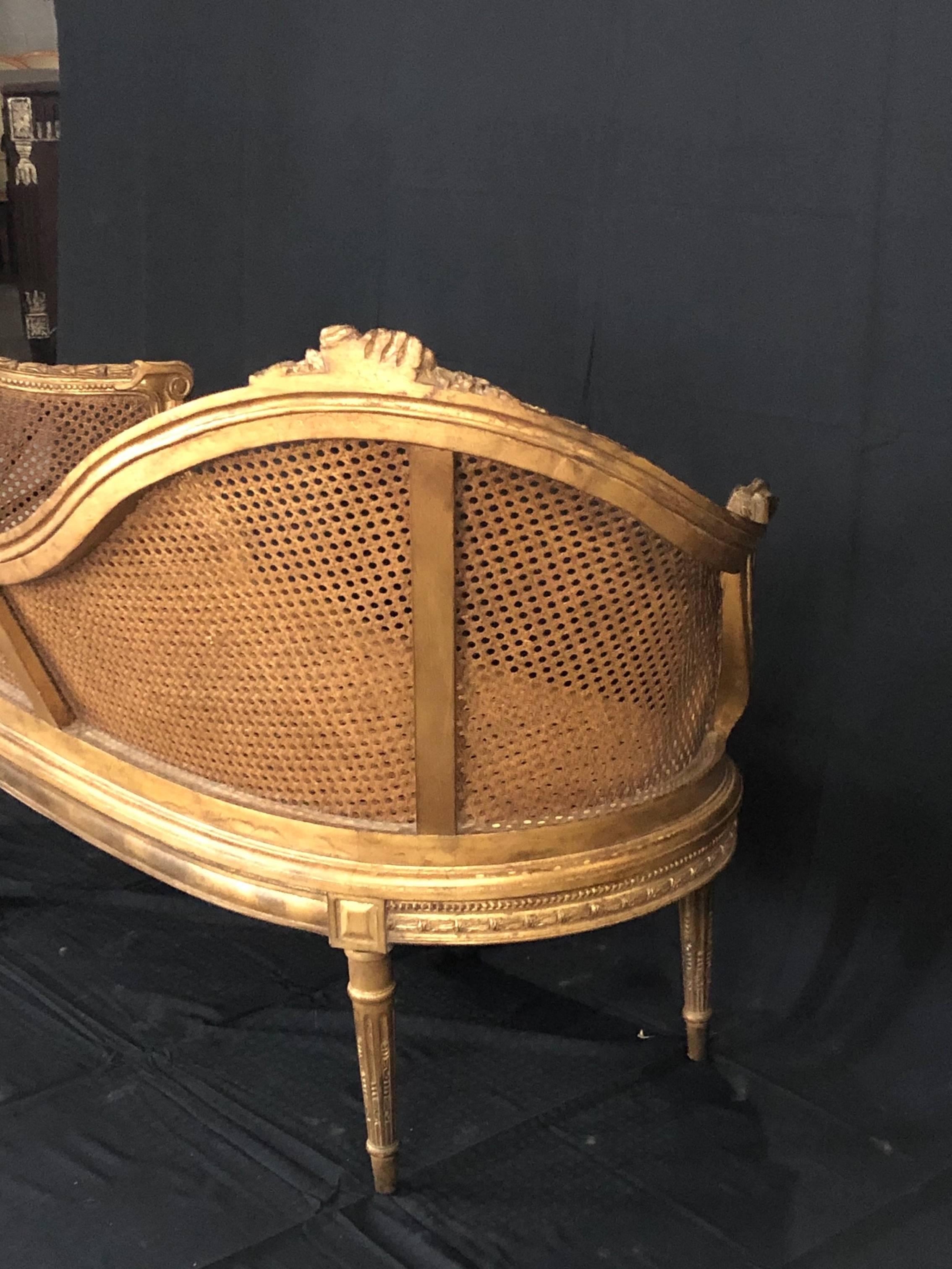 Divine Curved Back French 19th Century Louis XV Style Gilt Caned Loveseat Settee 9