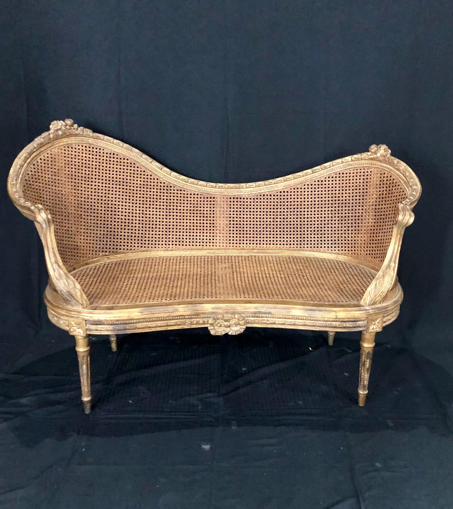 Divine Curved Back French 19th Century Louis XV Style Gilt Caned Loveseat Settee 1